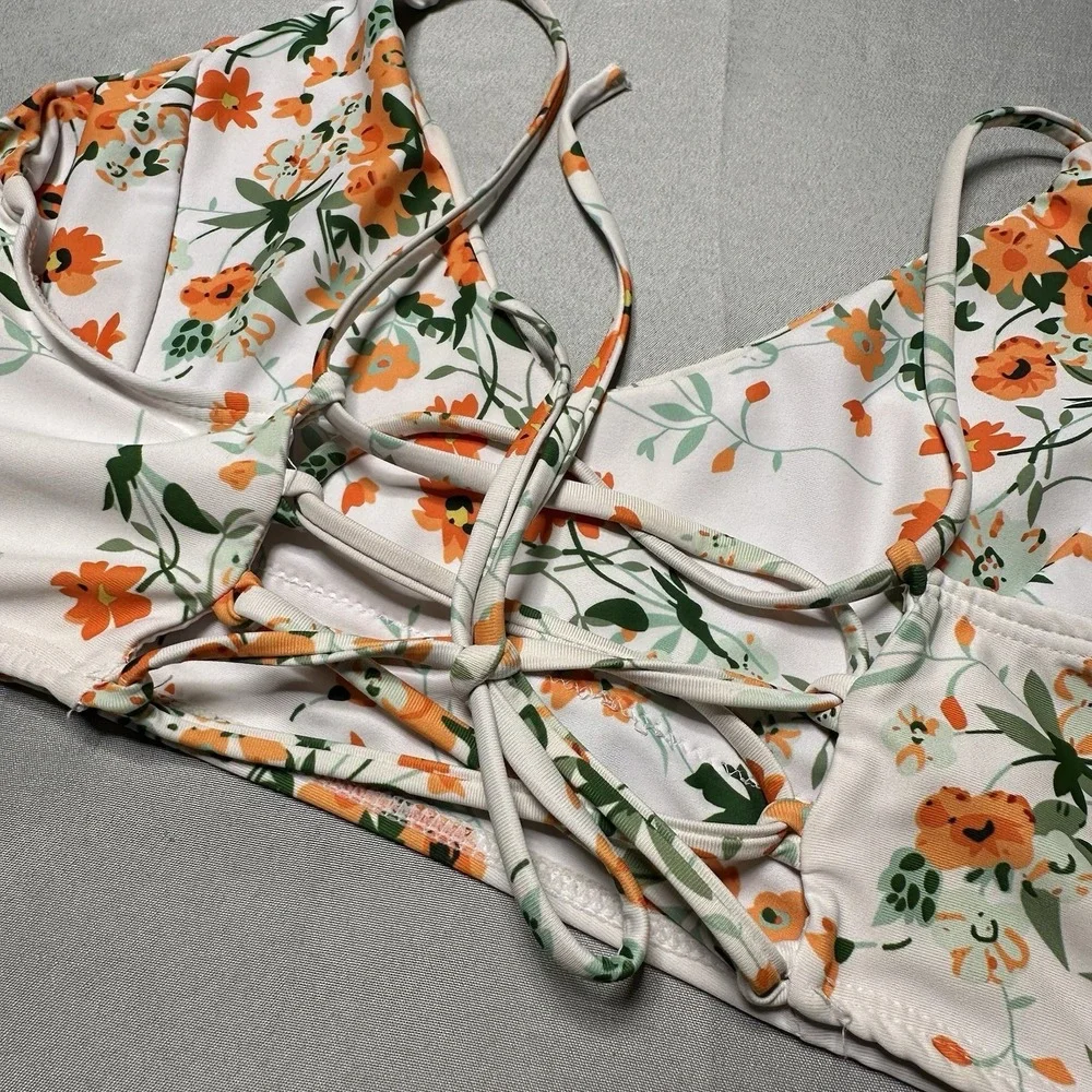 White Orange Bralette Style Bikini Top S M Floral Strappy Dainty Feminine Cute